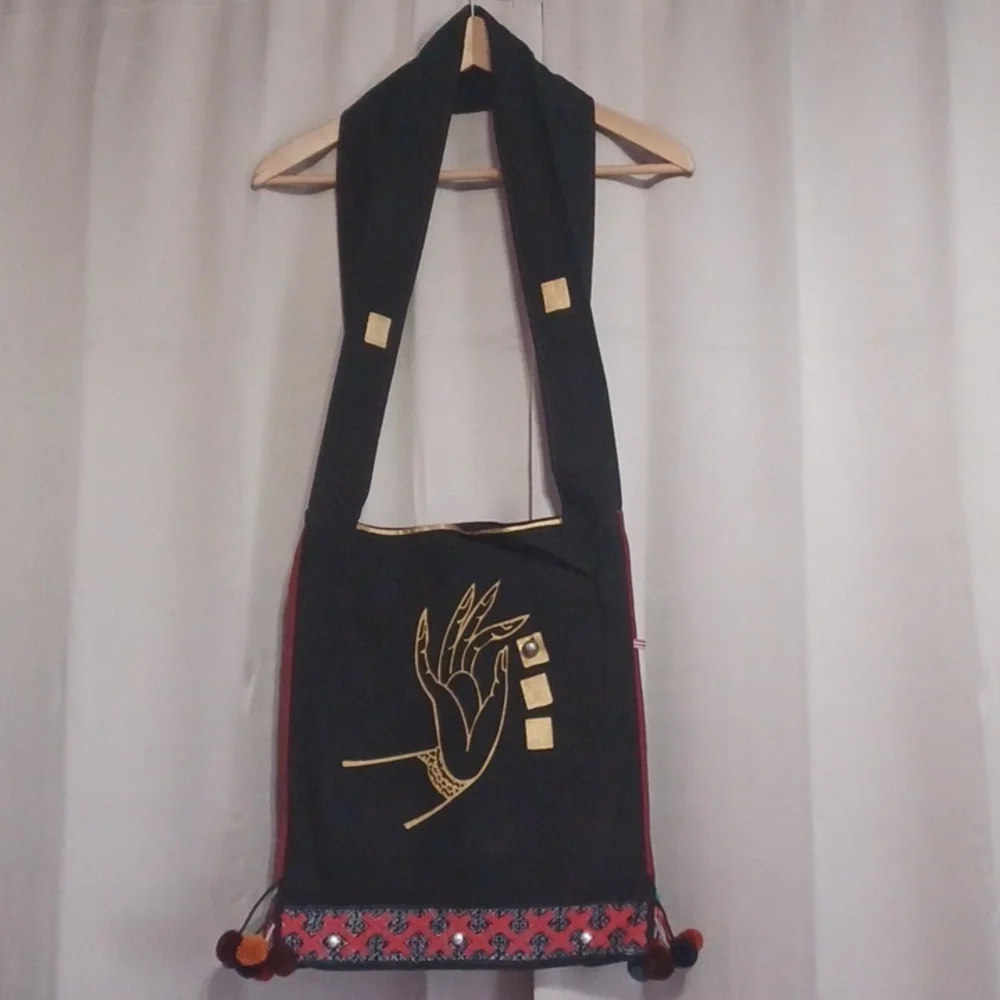Boho Black Henna Hand Textile Shoulder Bag, Festival, Yoga